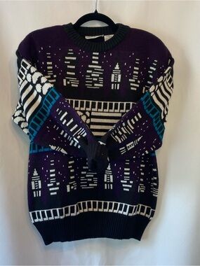 Women's Vintage Purple Psychedelic Cityscape Soft Knit Crewneck Sweater SM